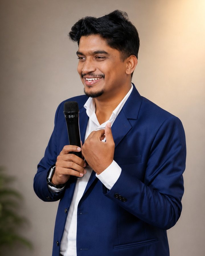 Saijal P, founder of Aced Academy, speaking with a microphone